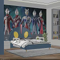 Kids Bed With Blue Cartoon Headboard Yellow Eyes Red Exclamation Mark And Ultraman Wallpaper