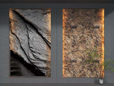 Interior Background Wall with Natural Stone Texture Dark Warm Tones and Potted Green Plant 3d model
