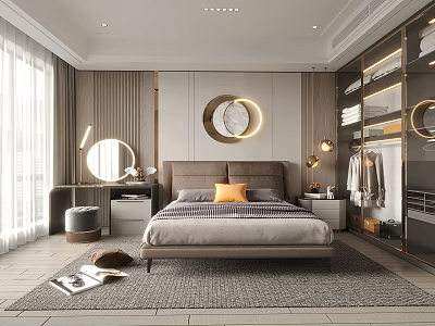 Elegant Modern Bedroom Interior Design With Cozy Bed Nightstand Wardrobe And Mirror 3d model