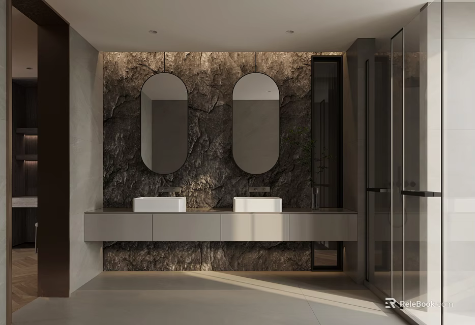 Modern Bathroom Interior With Double Sinks Oval Mirrors And Stone Wall 3d model 