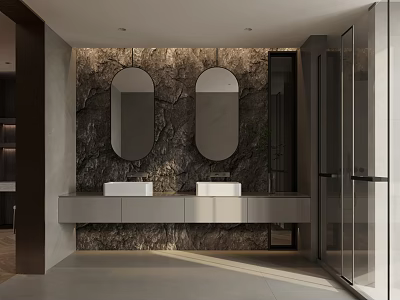 Modern Bathroom Interior With Double Sinks Oval Mirrors And Stone Wall 3d model