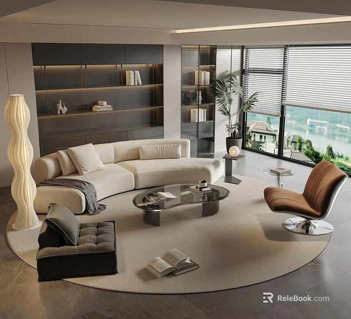 Modern Living Room With L-shaped Sofa Bookshelf Floor Lamp Coffee Table And Window View 3d model 