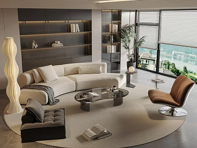 Modern Living Room With L-shaped Sofa Bookshelf Floor Lamp Coffee Table And Window View 3d model