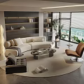 Modern Living Room With L-shaped Sofa Bookshelf Floor Lamp Coffee Table And Window View