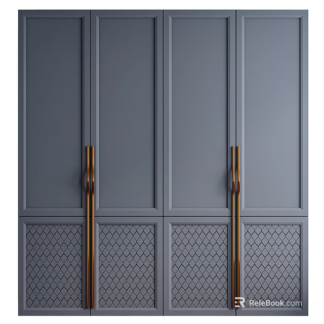 Modern Gray Dresser With Gold Handles And Grid Pattern Cabinet Door Design 3d model 