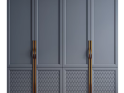 Modern Gray Dresser With Gold Handles And Grid Pattern Cabinet Door Design 3d model