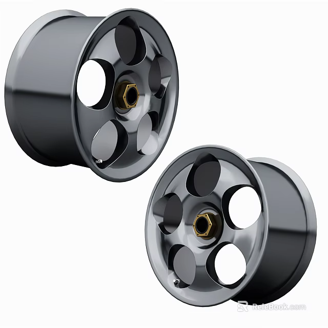 Stylish Black Car Wheels With Multiple Holes And Gold Center Hub Design 3d model 