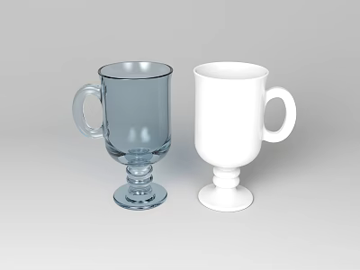 Transparent Blue And White Cups With Handle And Pedestal Base On Gray Background 3d model