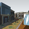 Vibrant Commercial Street With Modern Buildings Cafes Outdoor Seating And Pedestrians