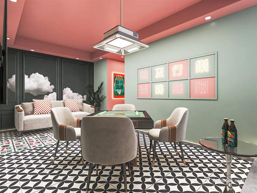 Hotel Mahjong Room Interior With Pink Ceiling Green Walls Decorative Paintings And Geometric Floor 3d model 