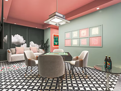 Hotel Mahjong Room Interior With Pink Ceiling Green Walls Decorative Paintings And Geometric Floor 3d model