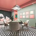 Hotel Mahjong Room Interior With Pink Ceiling Green Walls Decorative Paintings And Geometric Floor