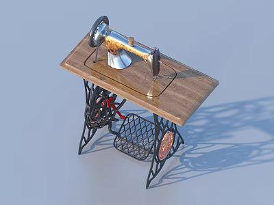 Vintage Sewing Machine On Wooden Table With Metal Frame And Storage Basket 3d model