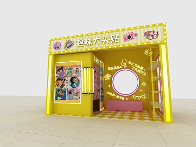 Yellow Funny Photo Sticker Booth With Cartoon Decorations And Pink Accents 3d model