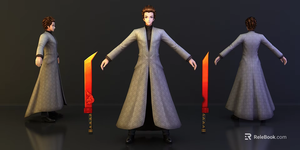 Game And Movie Character In Gray Long Coat With Open Arms And Red Weapons 3d model 