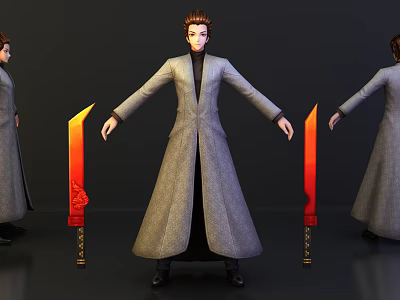 Game And Movie Character In Gray Long Coat With Open Arms And Red Weapons 3d model