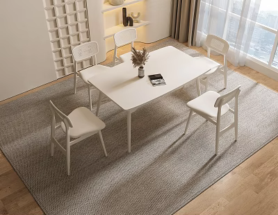 Minimalist White Dining Table and Chairs With Rug Window Wall Decor and Wooden Floor 3d model