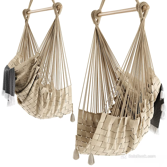 Woven Beige Hanging Chairs with Tassel Accents for Indoor Outdoor Spaces 3d model 