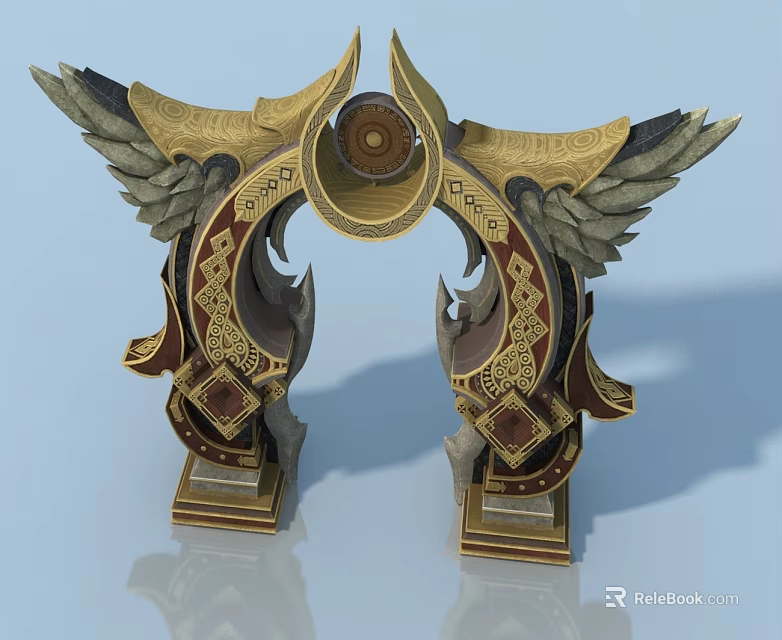Ornate Pet Cabinet With Golden Red Carved Wings And Arched Design 3d model 