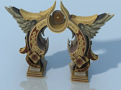 Ornate Pet Cabinet With Golden Red Carved Wings And Arched Design 3d model