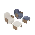 Single Upholstered Sofa in White and Blue with Wooden Armrests and Base and Textured Ottoman
