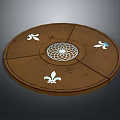 Circular Brown Decorative Disc With Intricate Center Pattern And White Symbols