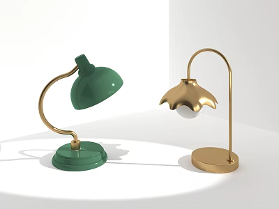 Green And Gold Table Lamps With Curved Arm And Petal Shaped Shade 3d model