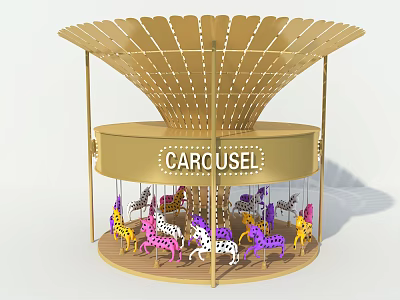 Colorful Carousel Playground Equipment Featuring Golden Fan Shaped Perforated Canopy and Horses 3d model