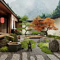Traditional Japanese Garden with Stone Lanterns Maple Tree Mossy Stones and Wooden Structures
