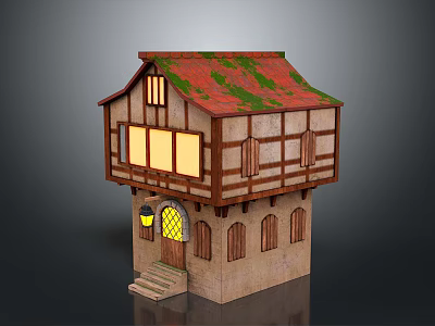 Cartoon Style Medieval Cottage Medieval Cottage Chalet Stone House Tile Roof Wooden Door Arched Window Lantern Natural Light Warm Atmosphere 3d model