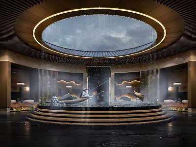 Elegant Indoor Waterfall Feature With Circular Skylight Modern Design And Seating Area 3d model