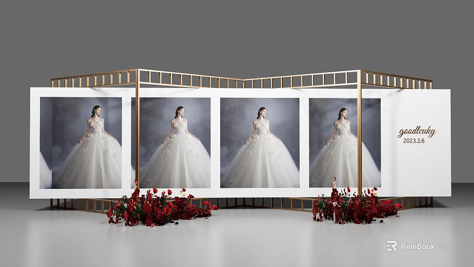 Elegant White Wedding Gown Photos Display In Four Frames With Red Flowers 2023 3d model 