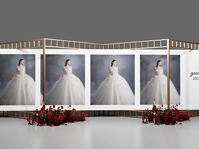 Elegant White Wedding Gown Photos Display In Four Frames With Red Flowers 2023 3d model