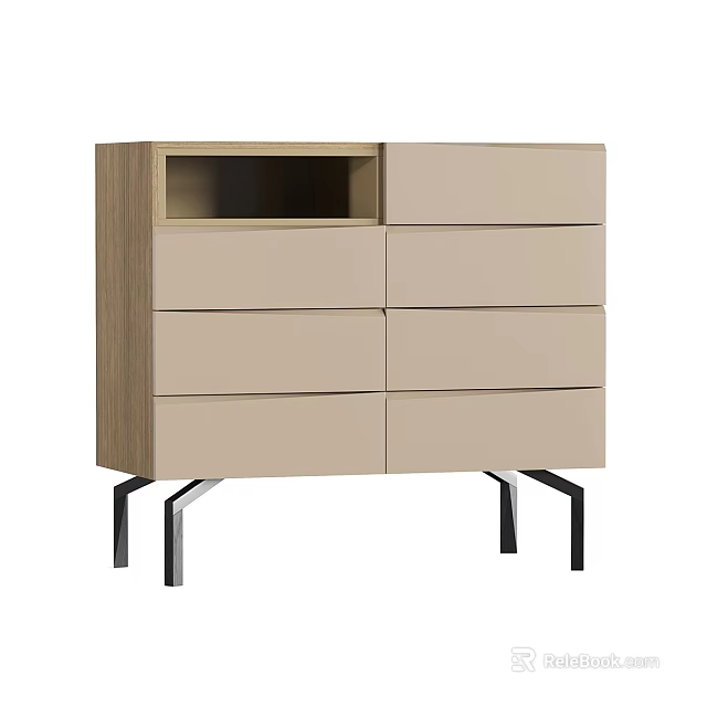 Modern Light Wood Entryway Console Cabinet With Beige Drawers And Black Metal Legs 3d model 