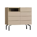 Modern Light Wood Entryway Console Cabinet With Beige Drawers And Black Metal Legs