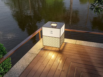 Square Lattice Design Outdoor Light On Wooden Deck By Waterfront With Warm Illumination 3d model
