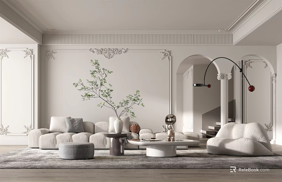 Modern Elegant Living Room Interior With White Sofa Decorative Plant And Arched Portal 3d model 