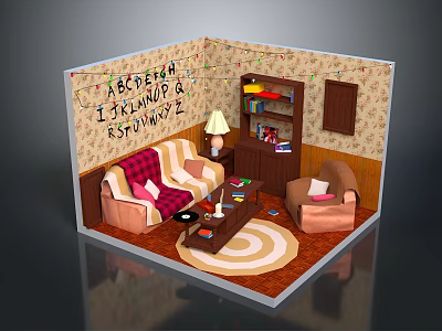 Cozy Living Room Interior With Sofa Coffee Table Bookshelf Lamp Wall Graffiti And String Lights 3d model