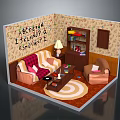 Cozy Living Room Interior With Sofa Coffee Table Bookshelf Lamp Wall Graffiti And String Lights
