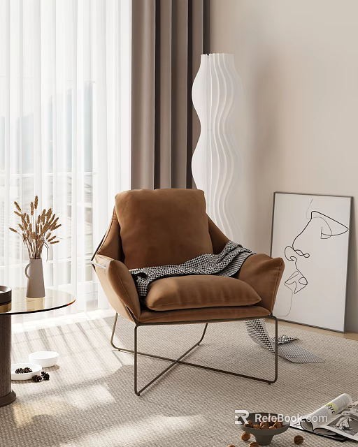 Cozy Brown Accent Chair with Plaid Blanket in Modern Living Space near Glass Table 3d model 