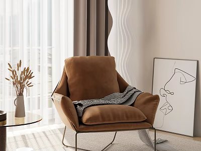 Cozy Brown Accent Chair with Plaid Blanket in Modern Living Space near Glass Table 3d model