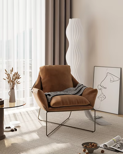 Cozy Brown Accent Chair with Plaid Blanket in Modern Living Space near Glass Table 3d model