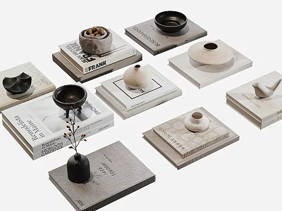 Stylish Stacked Books Magazines With Various Shaped Decorative Containers And Minimalist 3d model