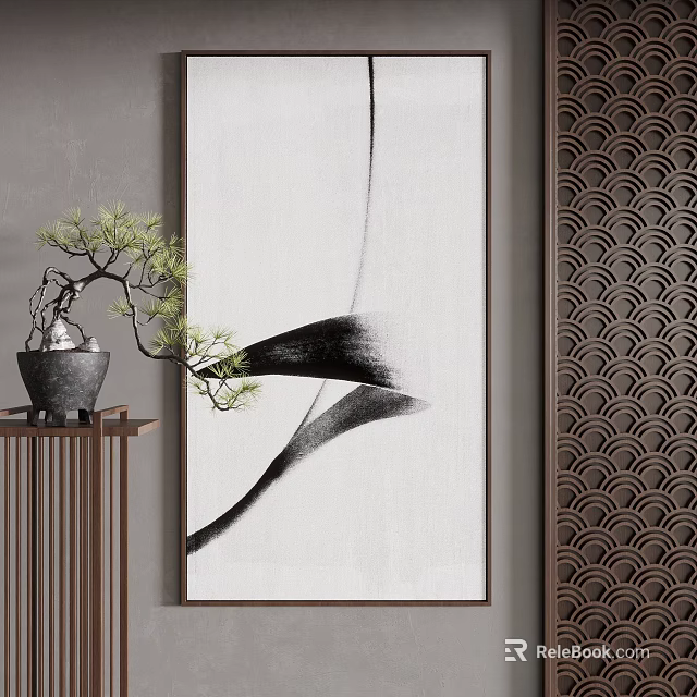 Chinese Landscape Painting Hanging On Wall With Bonsai And Screen 3d model