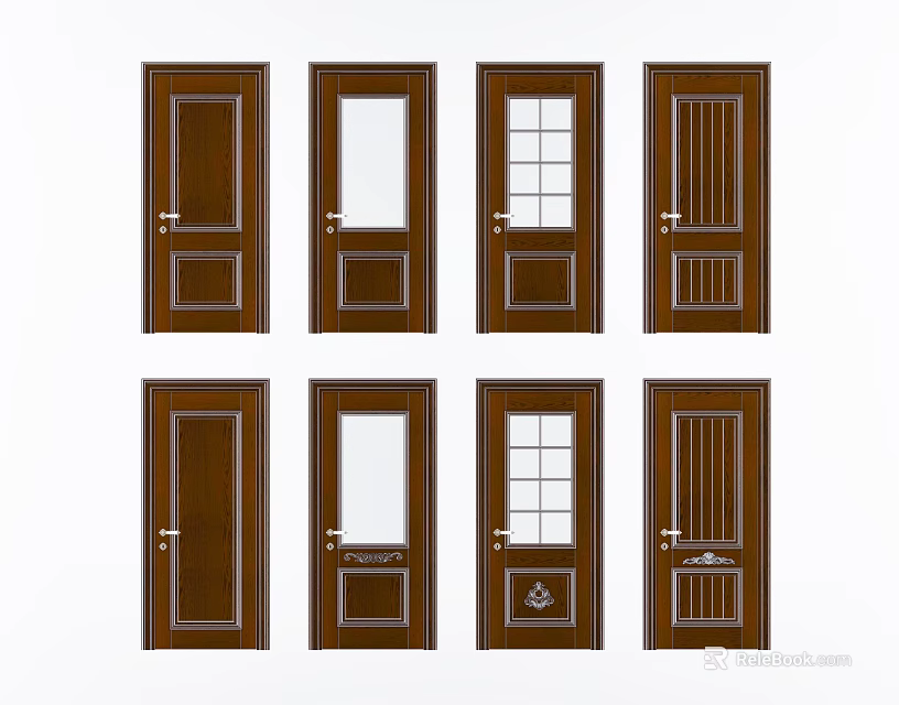 Brown Hinged Doors Featuring Various Panel Designs and Glass Inserts in Different Styles 3d model