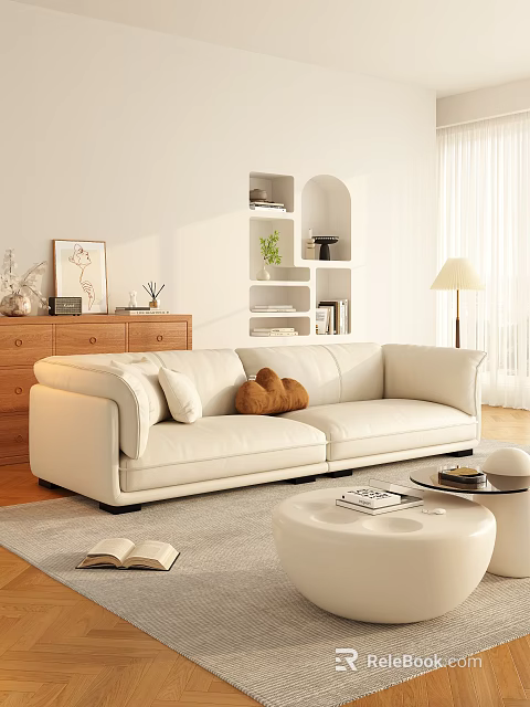 Modern Living Room With White Sofa Wooden Cabinet Arched Bookshelf And Green Plants 3d model 