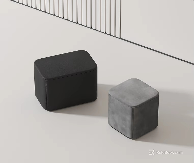 Two Square Shaped Black And Gray Leather Stools In Minimalist Interior 3d model 