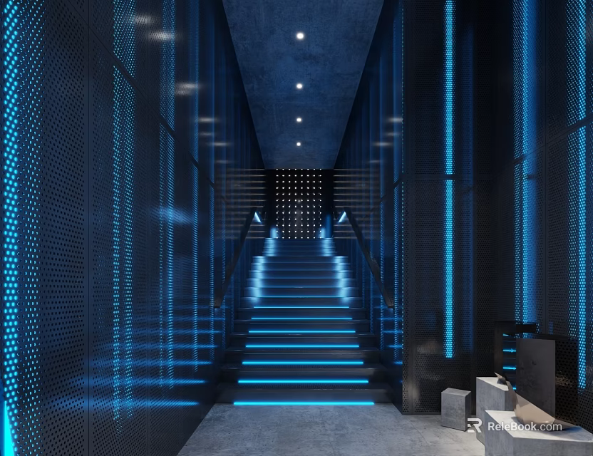 Modern Tech Inspired Bar Interior With Illuminated Steps And Dark Perforated Walls 3d model 