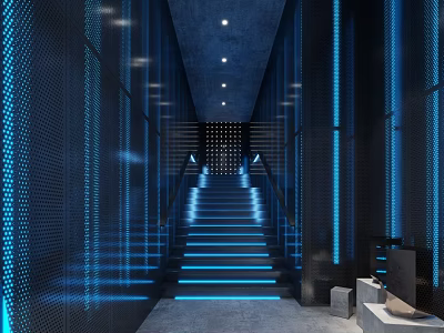 Modern Tech Inspired Bar Interior With Illuminated Steps And Dark Perforated Walls 3d model