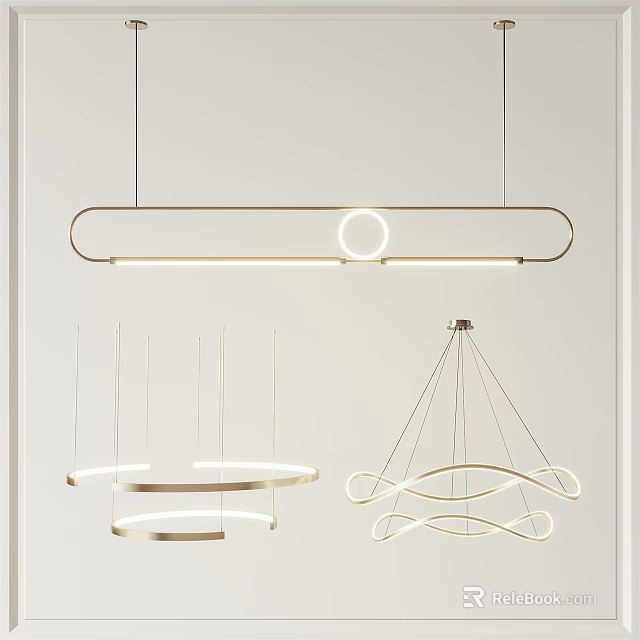 Modern Interior Chandeliers With Linear Circular And Curved Metallic Frame Design 3d model